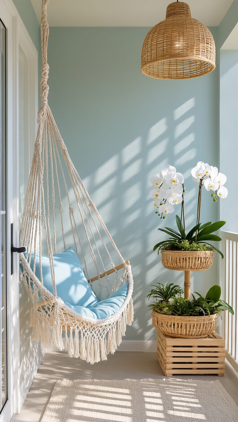 Coastal-themed balcony with pale blue hammock chair, bamboo plant stand, and whitewashed crates, bathed in morning light with dappled shadows.