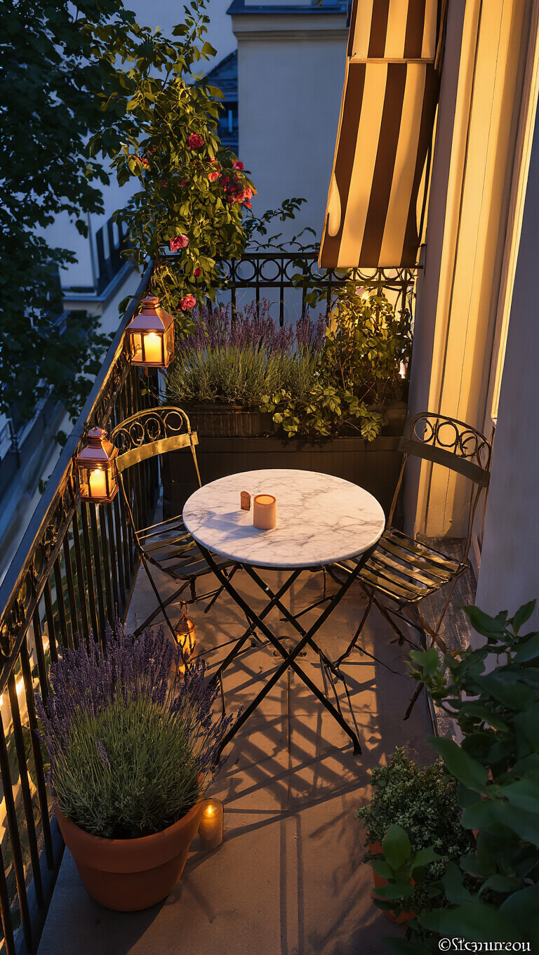 Twilight view of a small Parisian-style balcony with antique bistro set, lantern-lit iron railing, striped awning, and potted lavender.