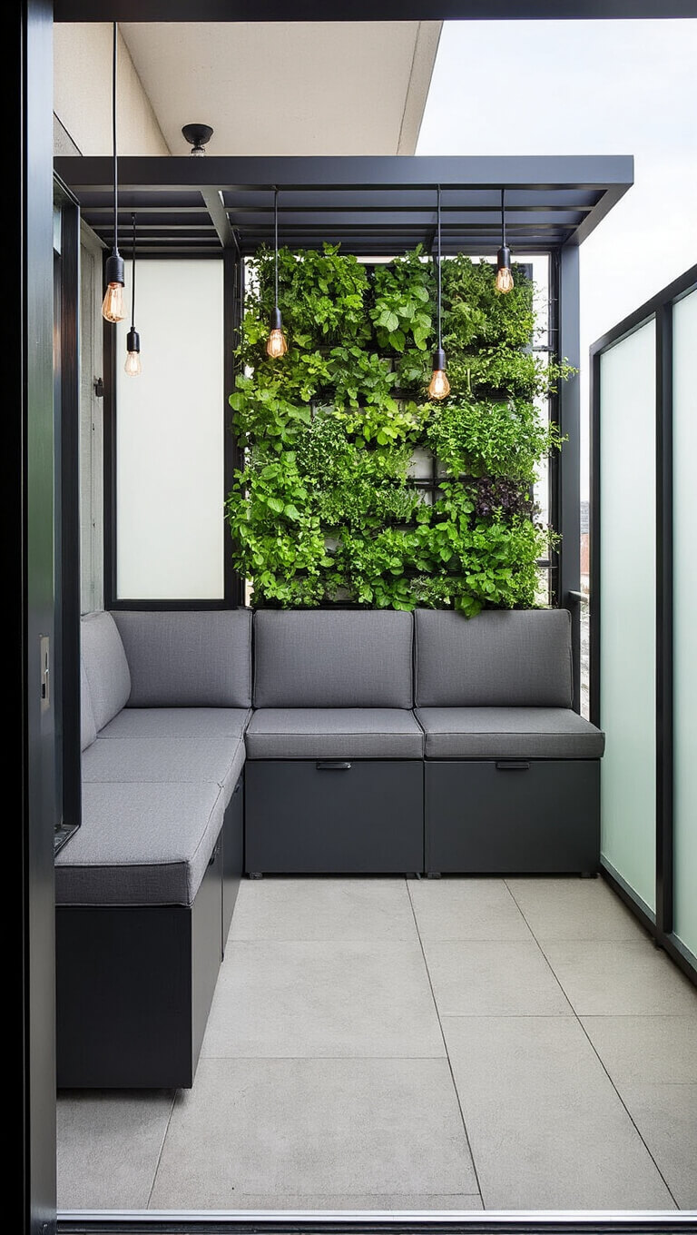 Modern urban balcony with modular charcoal seating, steel-framed vertical herb garden, frosted glass wind barriers, and industrial pendant lights viewed from interior doorway at midday.