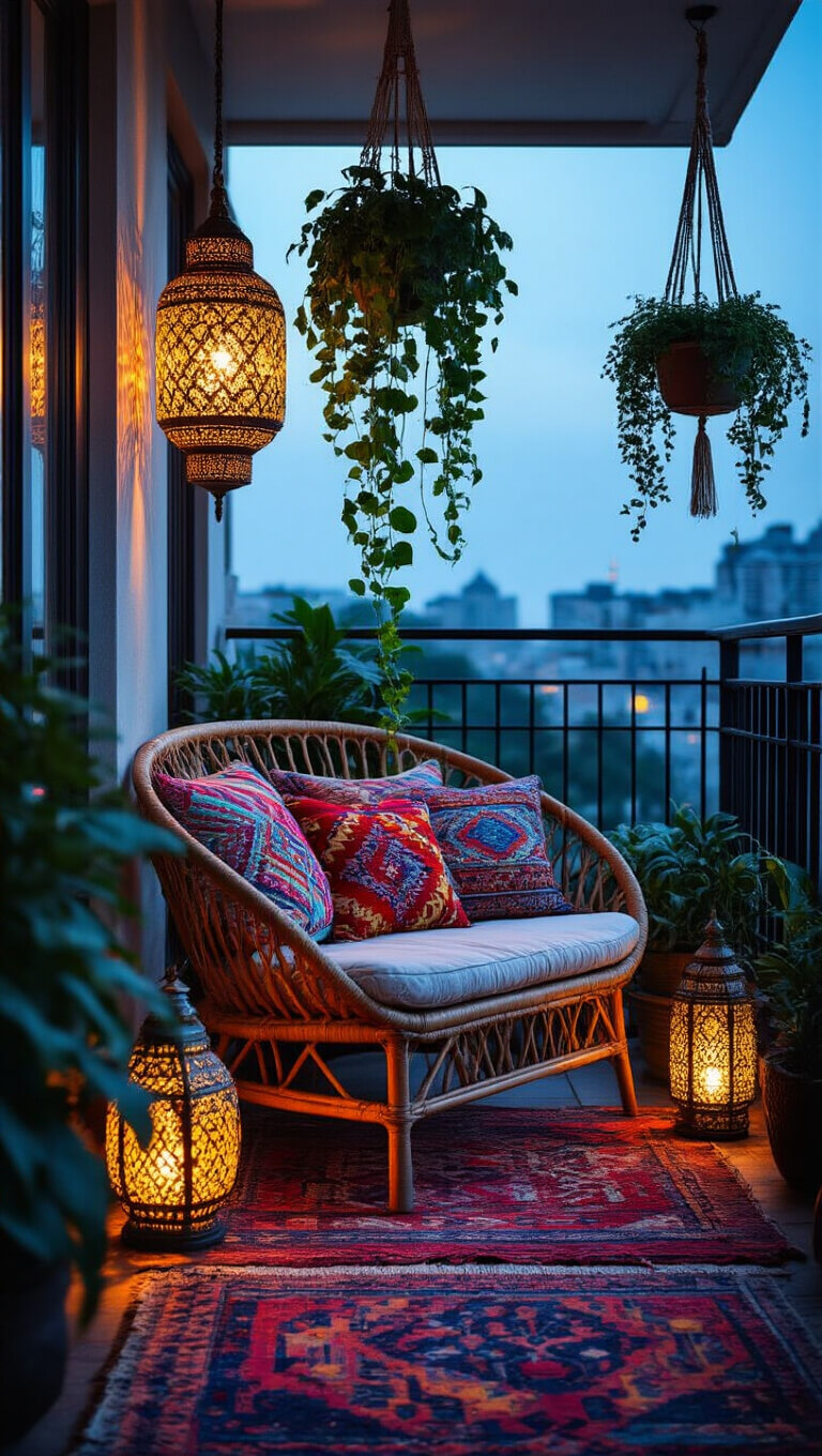 Bohemian balcony at blue hour with rattan lounge chair, kilim cushions, macramé plant hangers, Moroccan lanterns, and layered vintage rugs in moody lighting.