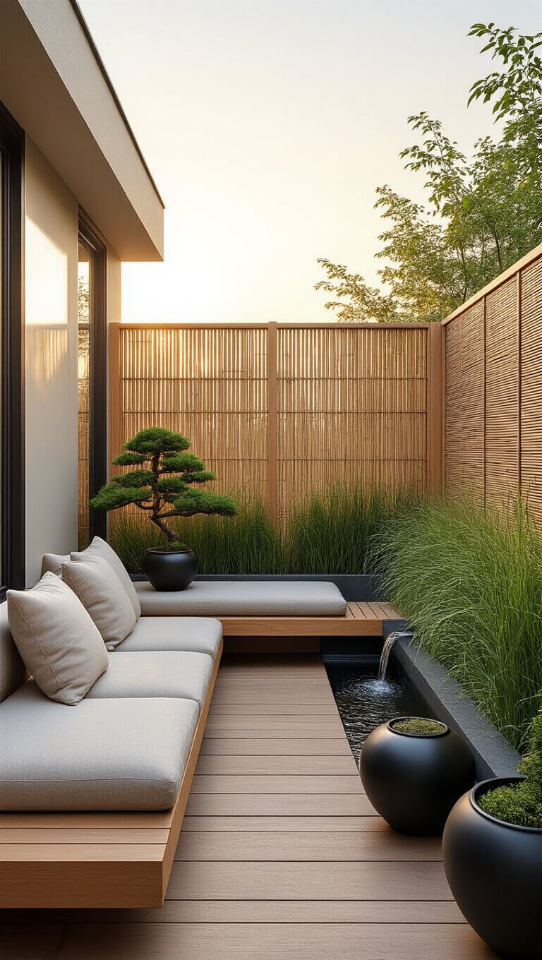 Zen-style balcony at sunrise with low wooden seating, linen cushions, bamboo screen, bonsai planters, Japanese forest grass, and stone water feature.