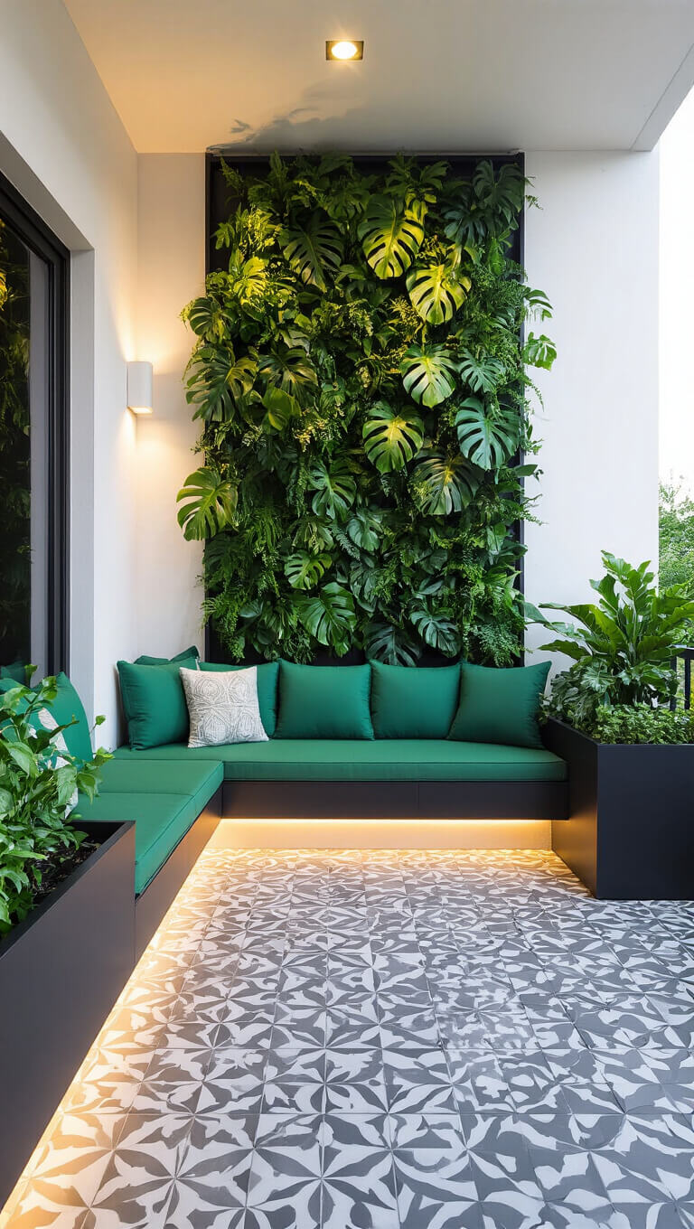 Modern tropical balcony with emerald green cushioned corner bench, vertical garden wall of monstera and ferns, black self-watering planter boxes, and geometric grey and white tile flooring under dramatic side lighting.