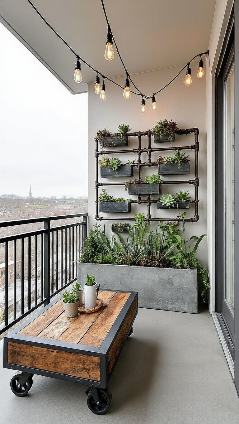 Industrial-chic 5x6ft balcony with metal and reclaimed wood coffee table, vertical garden of repurposed pipes, Edison bulb string lights, and concrete planters with succulents under overcast sky.