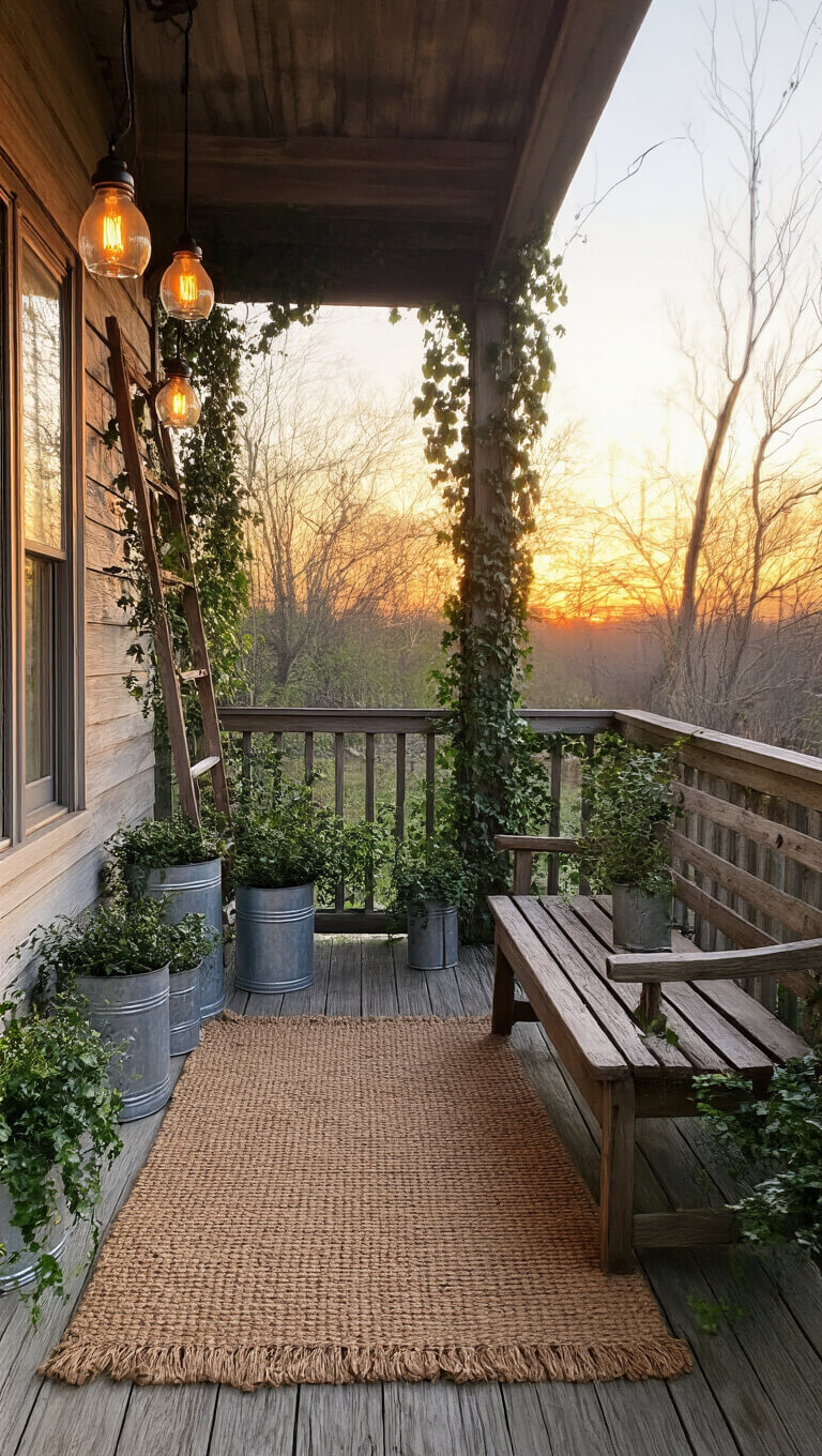 Rustic farmhouse balcony at dawn with wooden bench, metal planters, ladder plant stand with ivy, mason jar lights, and natural fiber rug.