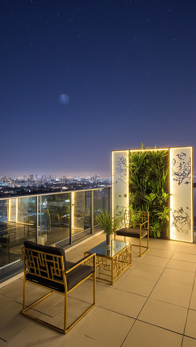 Art Deco balcony at night with gold and black geometric furniture, mirrored plant wall, frosted glass panels, LED lighting, and city lights in background.