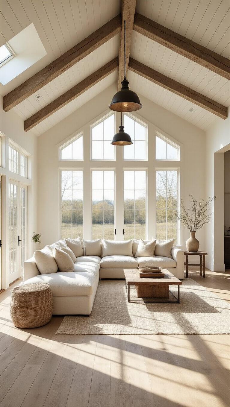 Sunlit open-concept living room with vaulted ceiling, exposed wood beams, cream sectional, and floor-to-ceiling windows casting warm shadows on whitewashed oak floors.