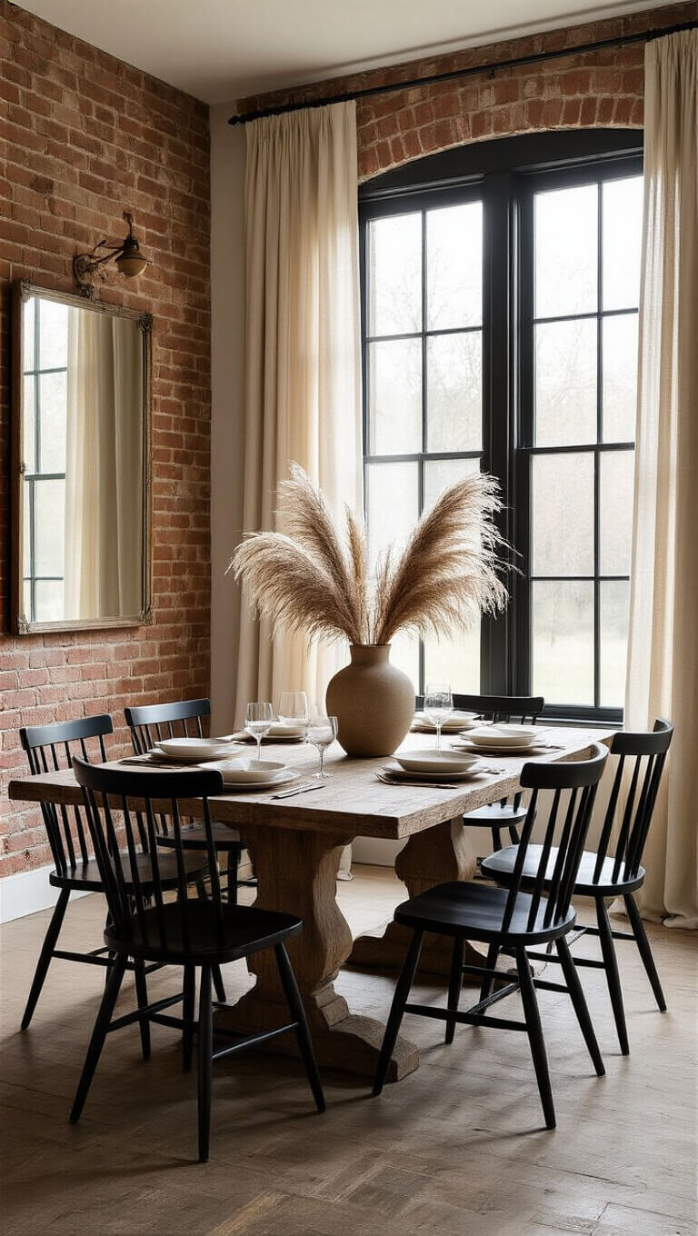 Cozy 15x15ft dining room with brick accent wall, black metal windows, rustic oak farmhouse table, black Windsor chairs, and a ceramic vase with pampas grass centerpiece in golden hour light.