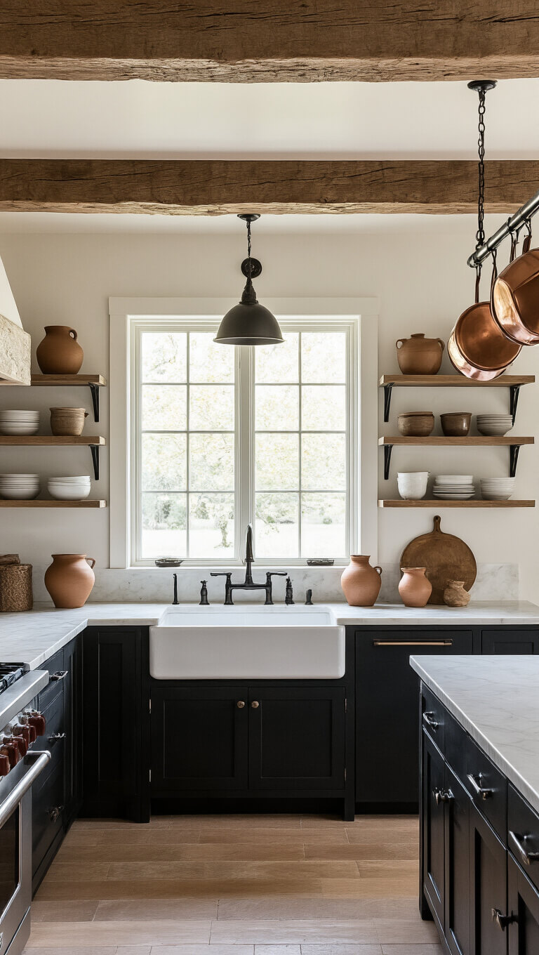 Farmhouse kitchen with 10ft ceiling, wooden beams, marble counters, matte black cabinets, open shelves with earth-tone pottery, copper pots hanging, and soft afternoon light.