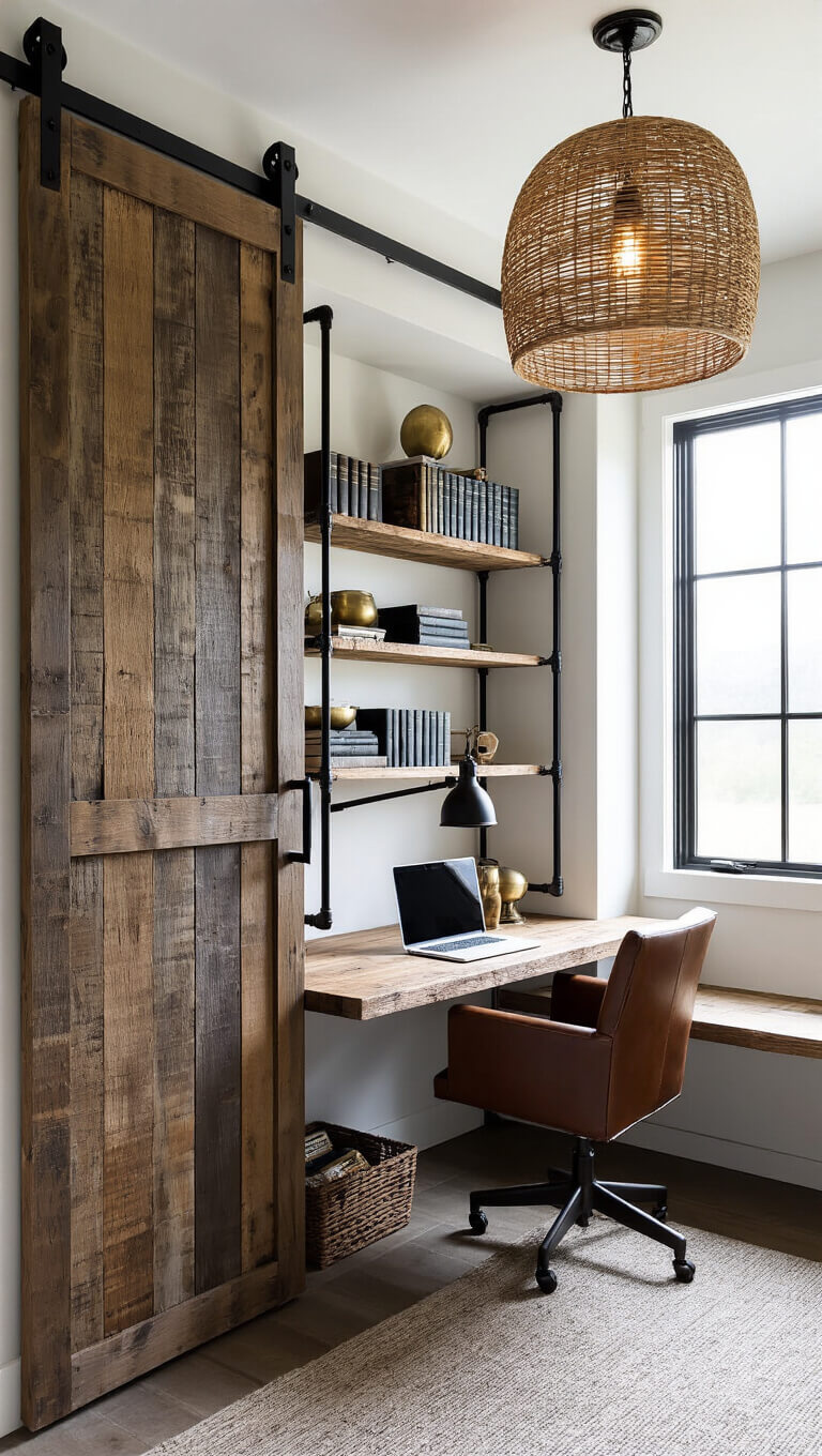 Modern office nook with floating reclaimed wood desk, leather chair, black steel pipe shelves, and moody side lighting from industrial window.