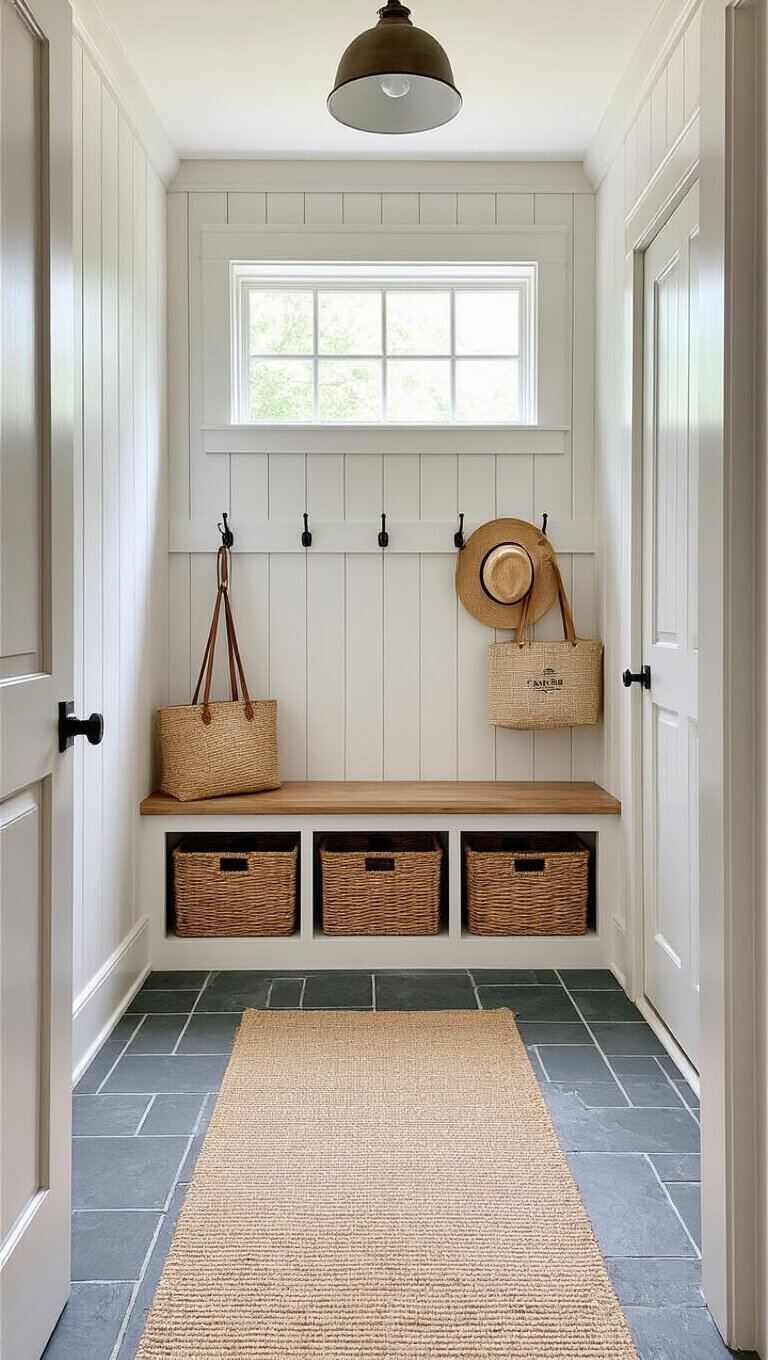 Mudroom entry with soft gray board and batten walls, Dutch door with transom window, built-in bench with woven baskets, vintage hooks holding straw hats and market bags, and herringbone slate flooring.