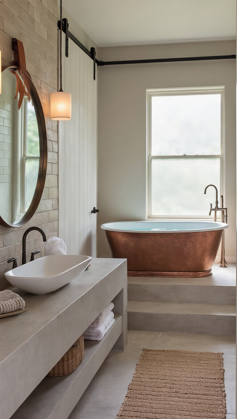 Spa-inspired bathroom with freestanding copper tub, sliding barn door, concrete vanity, and handmade neutral tiles in soft morning light.