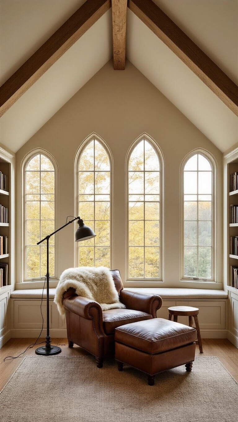 Cozy reading nook in 6x8ft window bay with cathedral ceiling, arched windows glowing with golden hour light, oversized leather armchair with sheepskin throw, vintage industrial floor lamp, and warm wood built-in bookshelves.