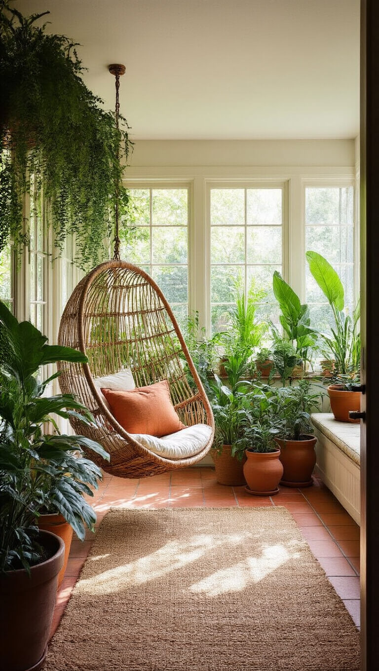 Bright garden room with 15ft greenhouse windows, rattan hanging chair, tropical plants in terracotta pots, jute rug on terra cotta tiles, and flowing indoor-outdoor space with sunlight and plant shadows.