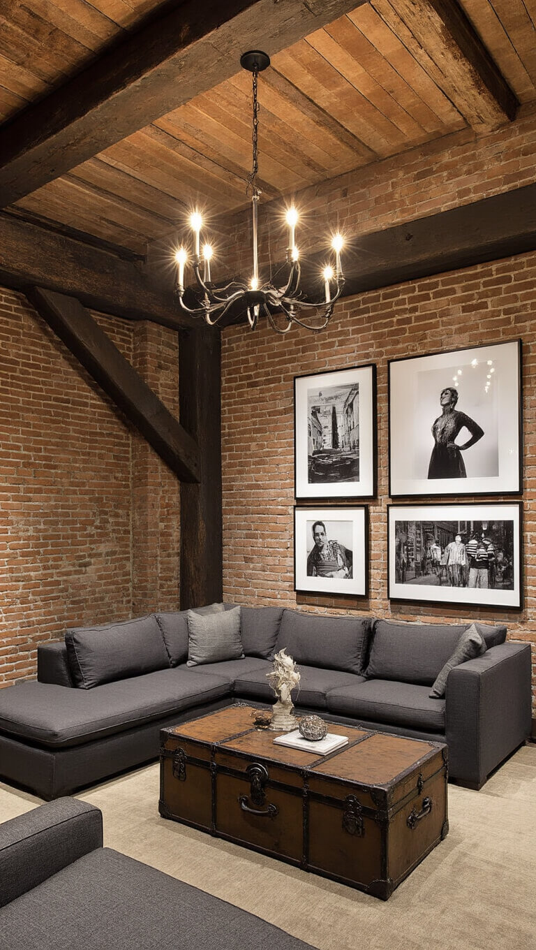 Cozy entertainment space with exposed brick walls, timber beams, iron chandelier lighting, charcoal linen sectional, vintage trunk coffee table, and black-and-white photo gallery wall.