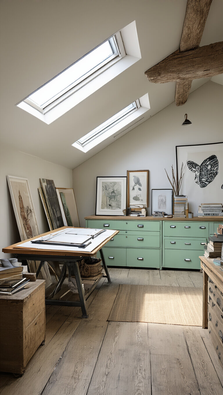 Bird's eye view of attic studio with dormers, exposed beams, skylights, industrial drafting table, mint green vintage cabinets, and artwork leaning against walls.