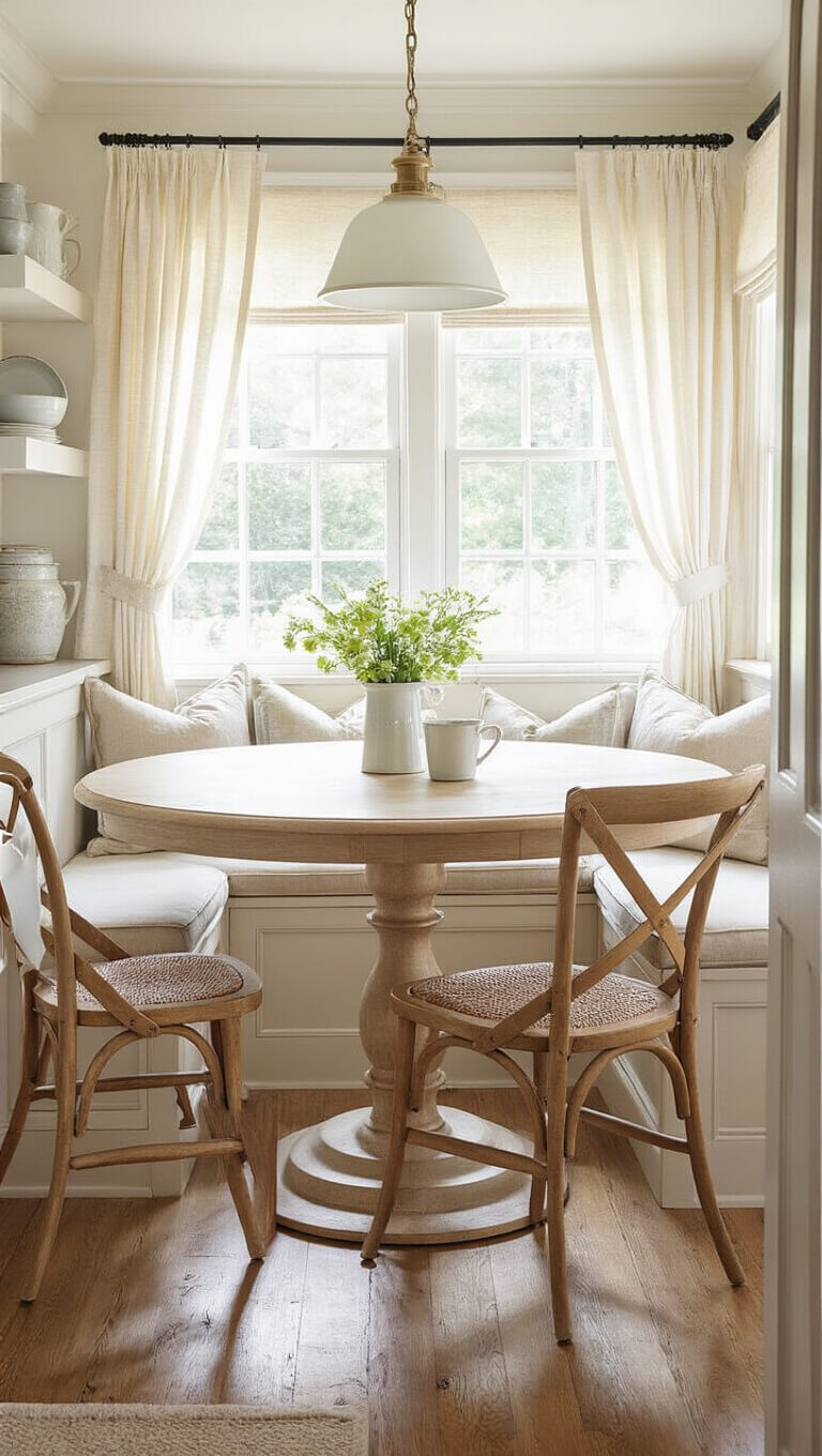 Cozy breakfast nook with built-in banquette, round bleached oak table, vintage chairs, and morning light through cafe curtains.