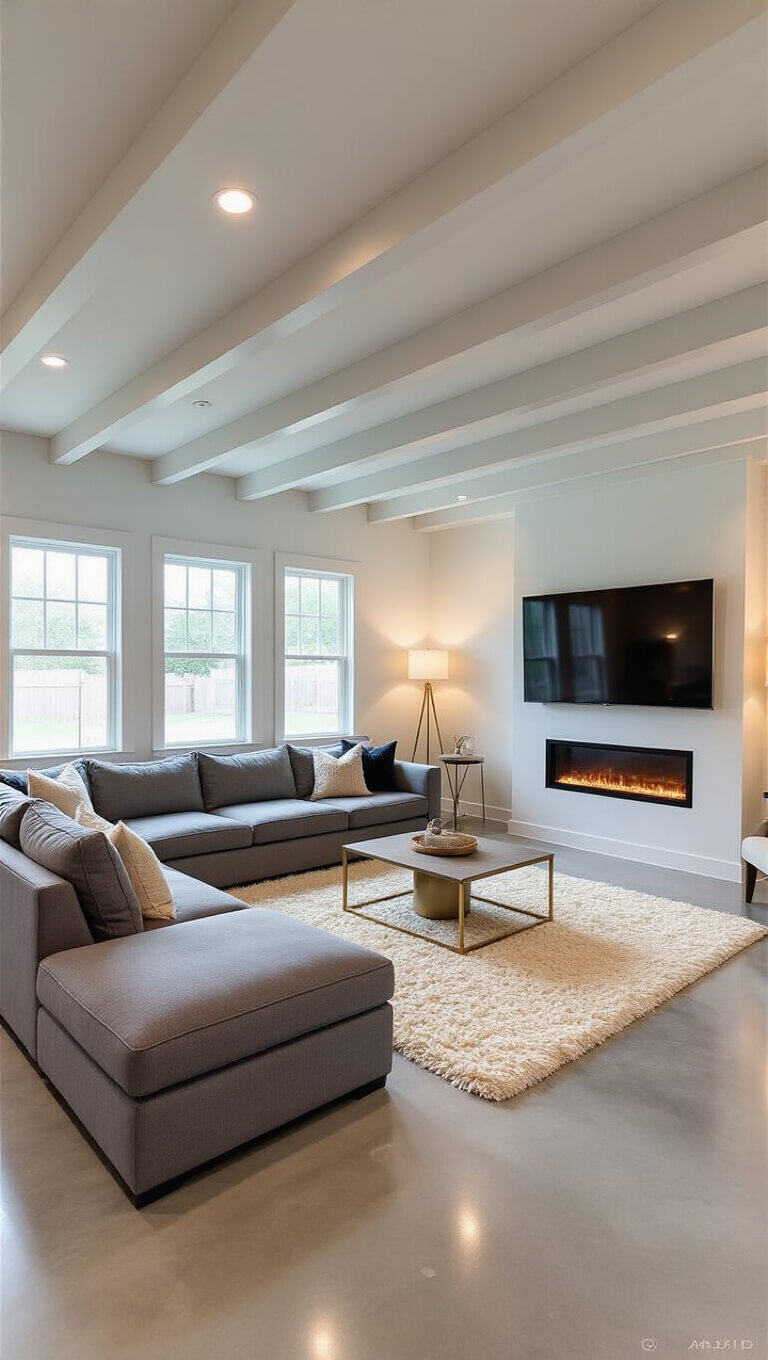 Modern basement living room with gray L-shaped sectional, mounted TV above electric fireplace, cream shag rug on polished concrete floor, white joists, and warm lighting from recessed LEDs and brass lamps.