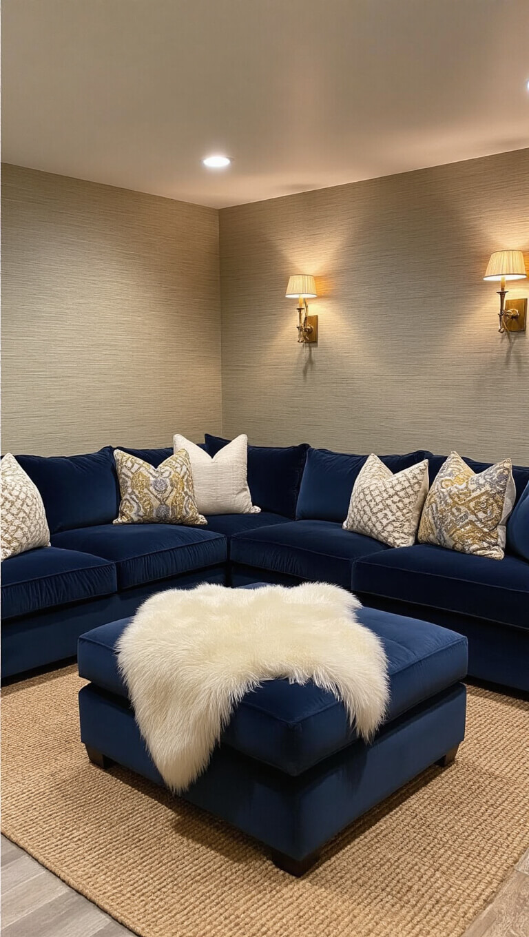 Cozy underground media room with navy velvet sectional, warm greige grasscloth walls, layered rugs, and ambient evening lighting.