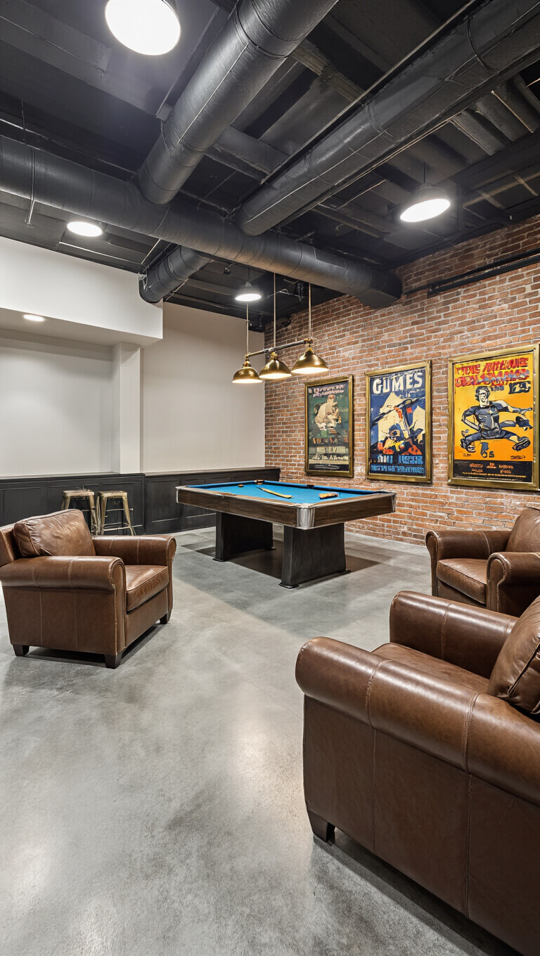 Modern industrial game room with pool table, leather chairs, metal barstools, exposed black ductwork, brick accent wall, and vintage game poster gallery.
