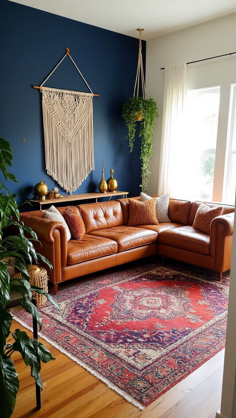 Bohemian entertainment den with navy accent wall, cognac leather sectional, vintage jewel-toned rugs, macramé art, brass decor, and golden hour lighting.