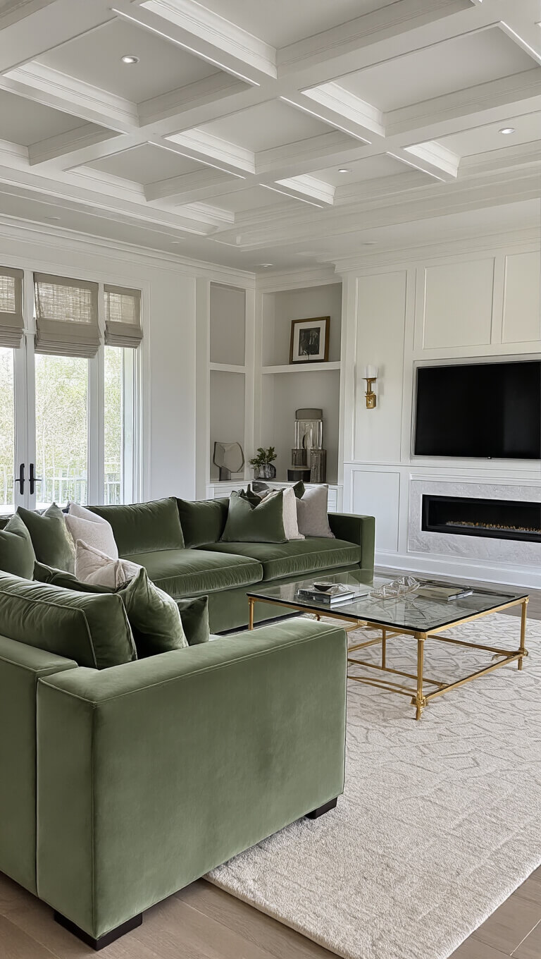 Contemporary family lounge with sage green velvet sectional, limestone fireplace flanked by built-ins, coffered white ceiling, brass and glass coffee table, and geometric cream and gray rug.