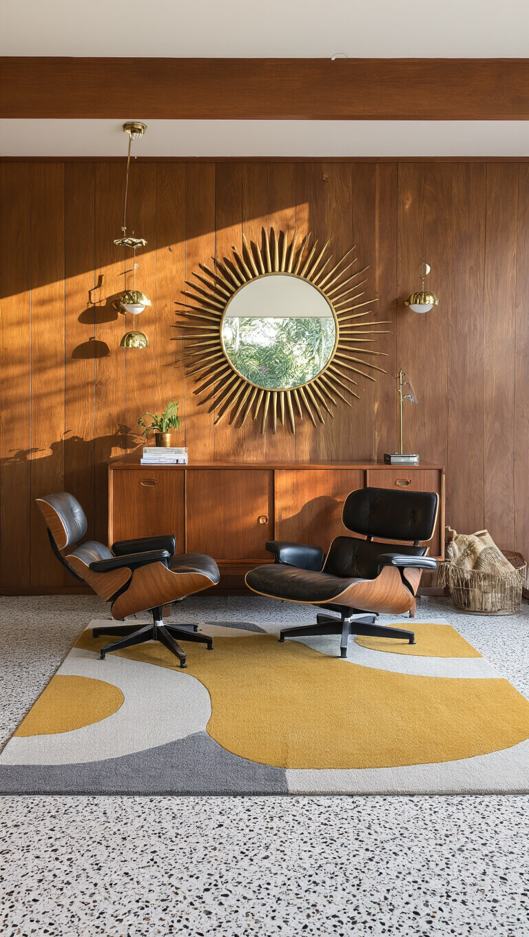 Mid-century modern room with walnut accent wall, Eames lounge chair, teak console, sunburst mirror, brass lighting, and abstract rug in mustard, gray, and cream.