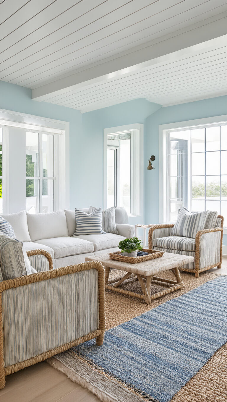 Coastal casual basement with pale blue walls, white shiplap ceiling, linen slipcovered sectional, striped chairs, and layered seagrass and blue vintage rugs.