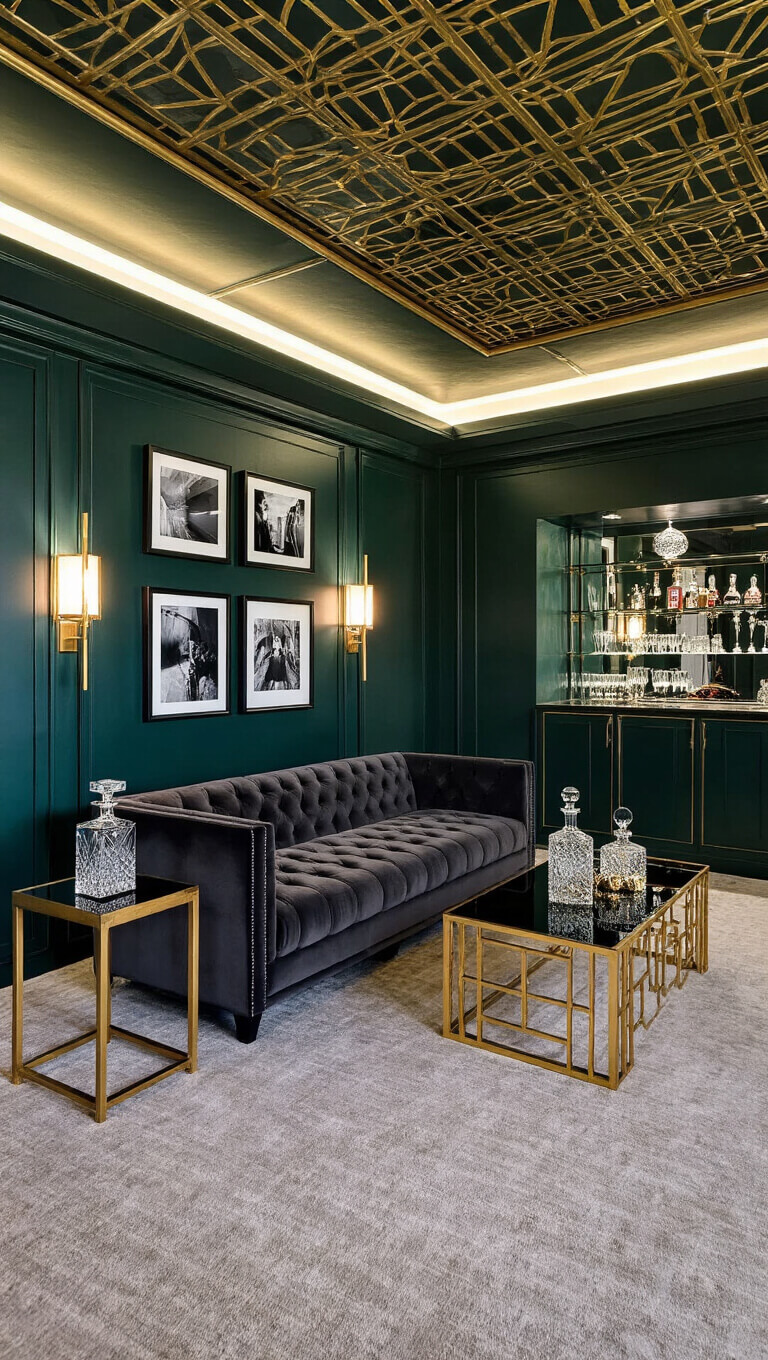 Art Deco media room with emerald walls, gold geometric ceiling, charcoal velvet sofa, brass accents, mirrored bar, and black-and-white photo gallery, lit by dramatic sconces.