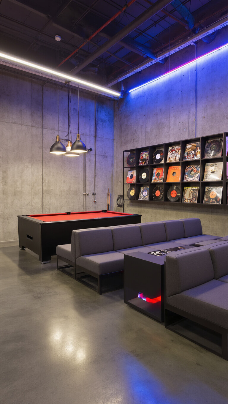 Urban modern game lounge with modular charcoal seating, pool table under pendant lights, industrial shelves with vinyls, and cool LED accent lighting.