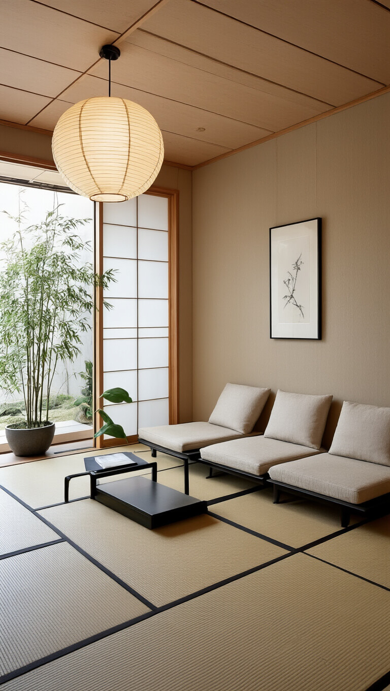 Japanese minimalist den with cedar accent wall, low-profile linen seating, tatami-style flooring, paper lantern lights, potted bamboo, and black-framed artwork in soft natural light.