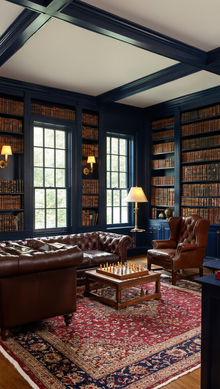 Traditional classic library with navy built-in bookcases, burgundy Oriental rug, leather Chesterfield sofa, wingback chairs, chess table by window, and antique brass lighting in warm afternoon light.