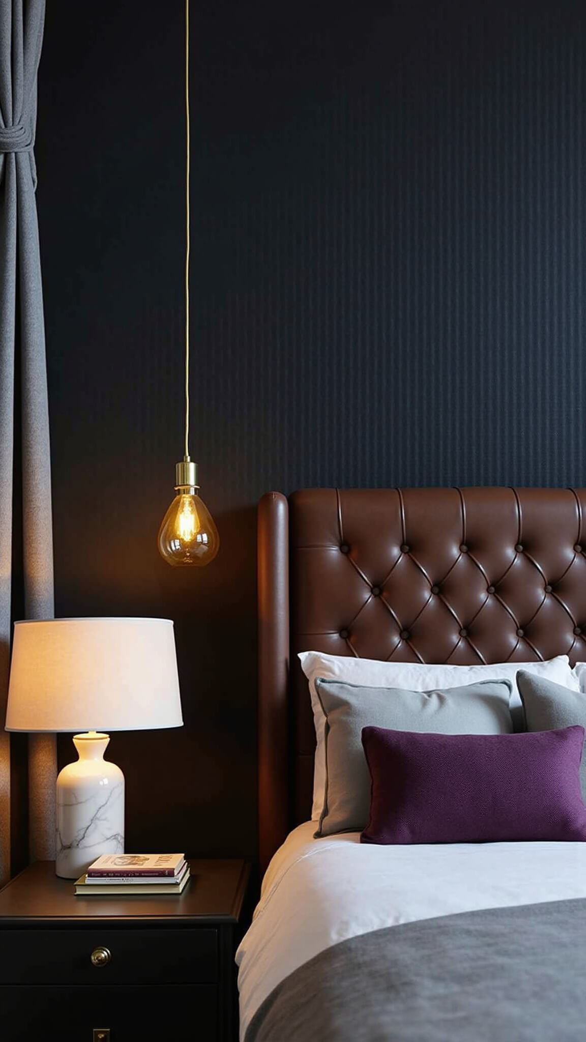 Intimate bedroom with navy accent wall, tufted leather headboard, amber pendant light, vintage books, marble lamp, pewter silk curtains, and brass accents.