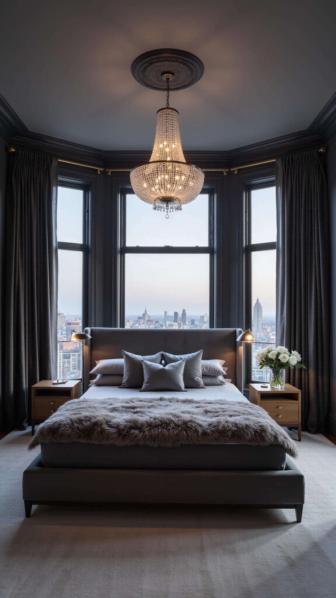 Dramatic twilight master bedroom with charcoal gray walls, king bed with layered gray linens, crystal chandelier, and city views through floor-to-ceiling velvet-draped windows.