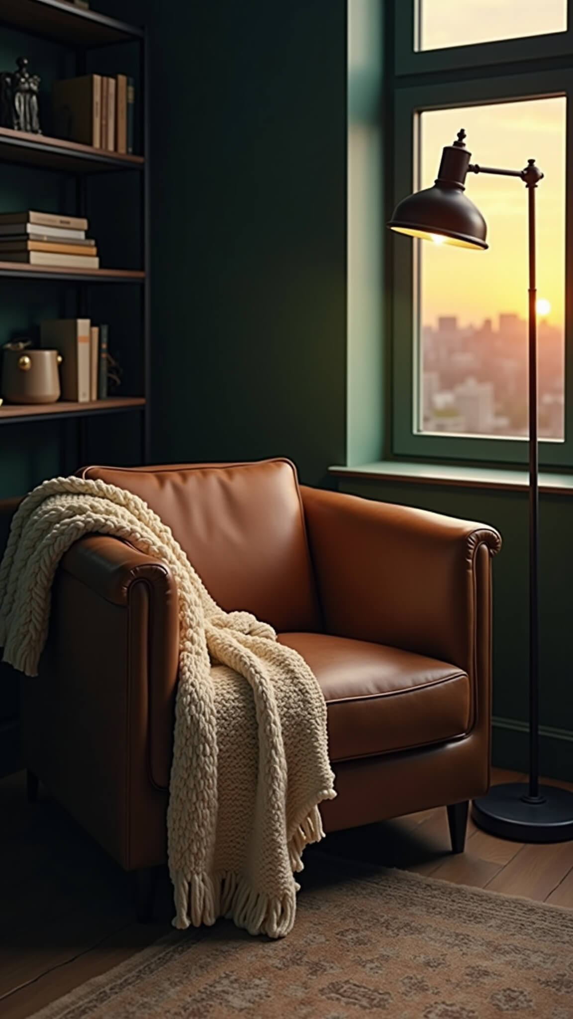 Moody reading nook with leather armchair, ivory knit throw, warm sunset lighting, and black metal shelves against deep green walls.
