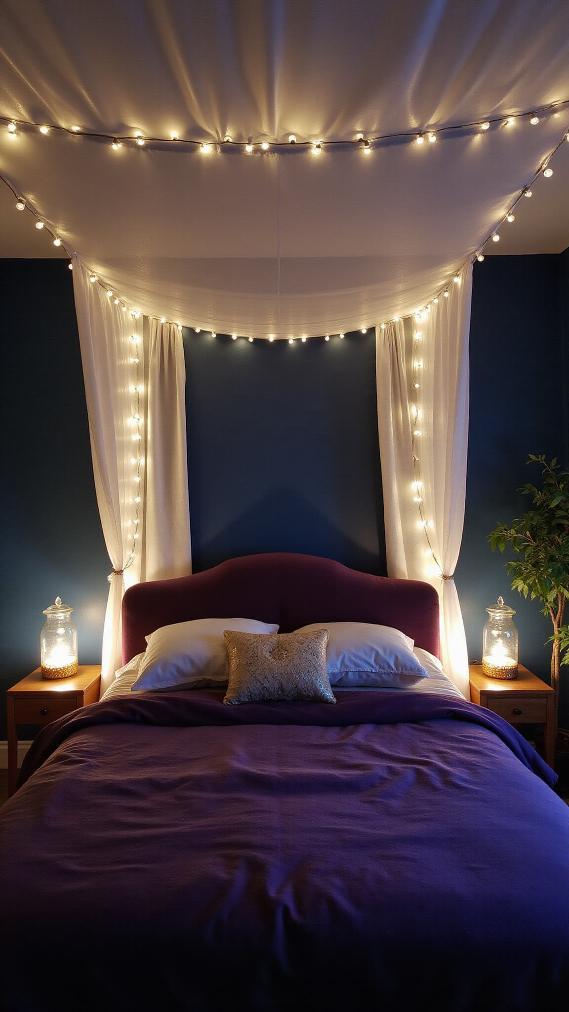 Twilight bedroom with sheer canopy bed, navy walls, string lights above, mercury glass lamps glowing softly, rose gold accents, and deep purple velvet bedding.