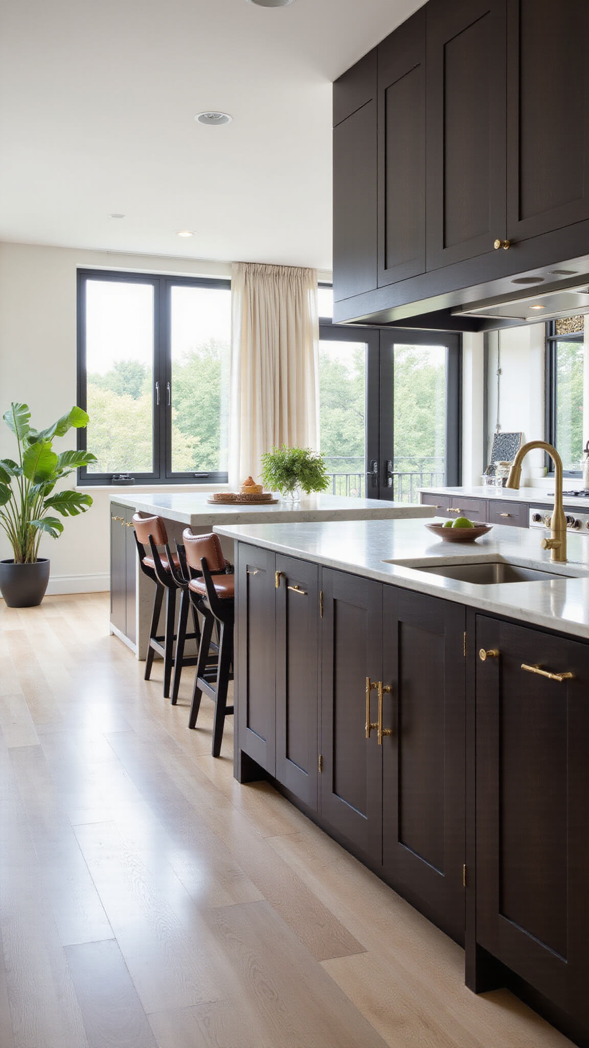 Contemporary 12x15ft kitchen with espresso shaker cabinets, Carrara marble countertops, gold hardware, and a waterfall island, sunlit through floor-to-ceiling windows.
