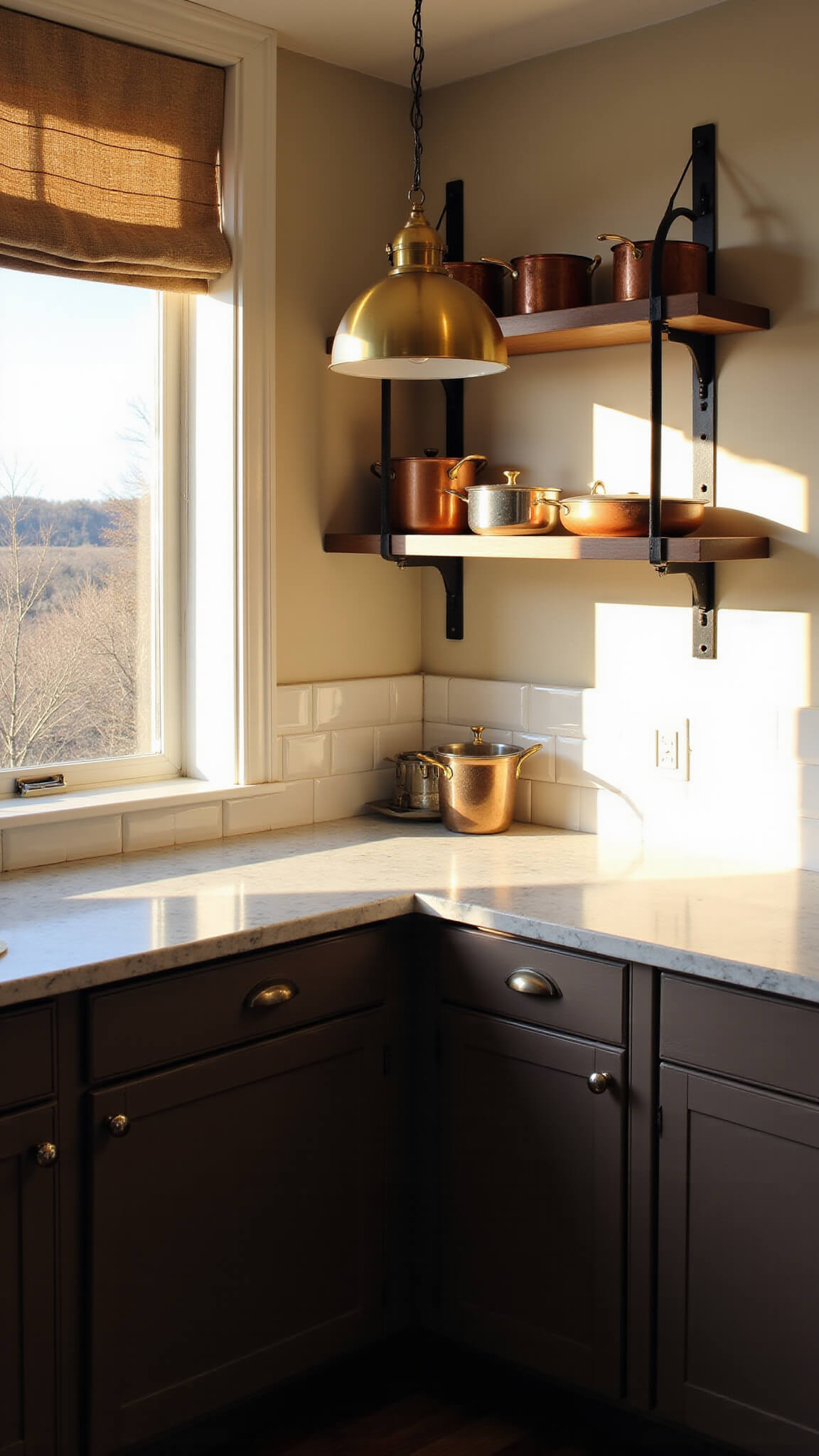 Corner kitchen with espresso cabinets at L-junction, sunlit through sheer roman blinds, white subway tile backsplash, marble countertop, brass pendant light, and copper cookware on shelves.