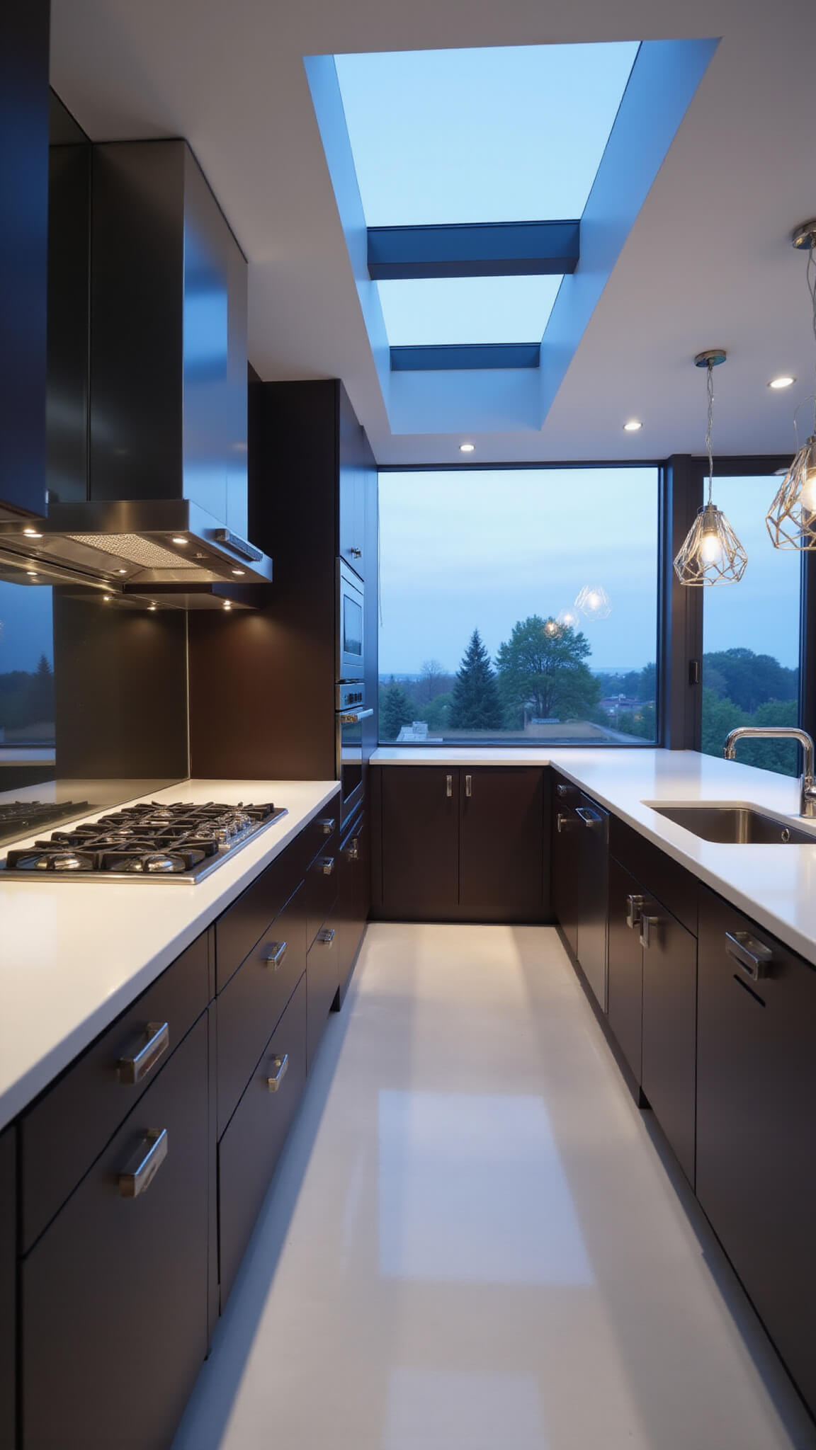 Minimalist galley kitchen with espresso flat-panel cabinets, white quartz countertops, and stainless steel appliances, photographed at blue hour with dramatic geometric lighting and urban sophisticated ambiance.