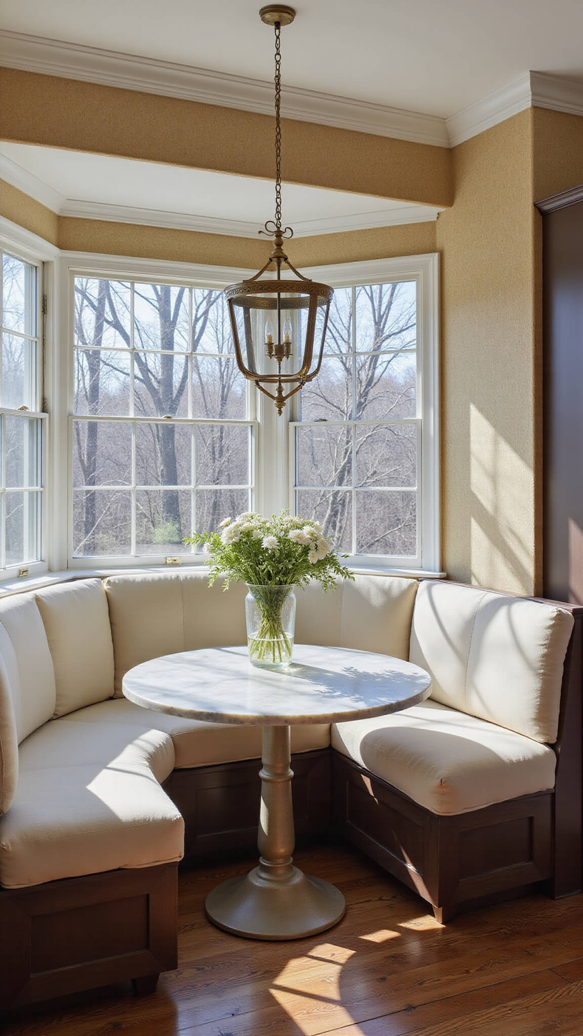 Sunlit breakfast nook with ivory cushioned bench, round marble table, and brass chandelier, featuring grasscloth wallpaper and intricate window shadow patterns.