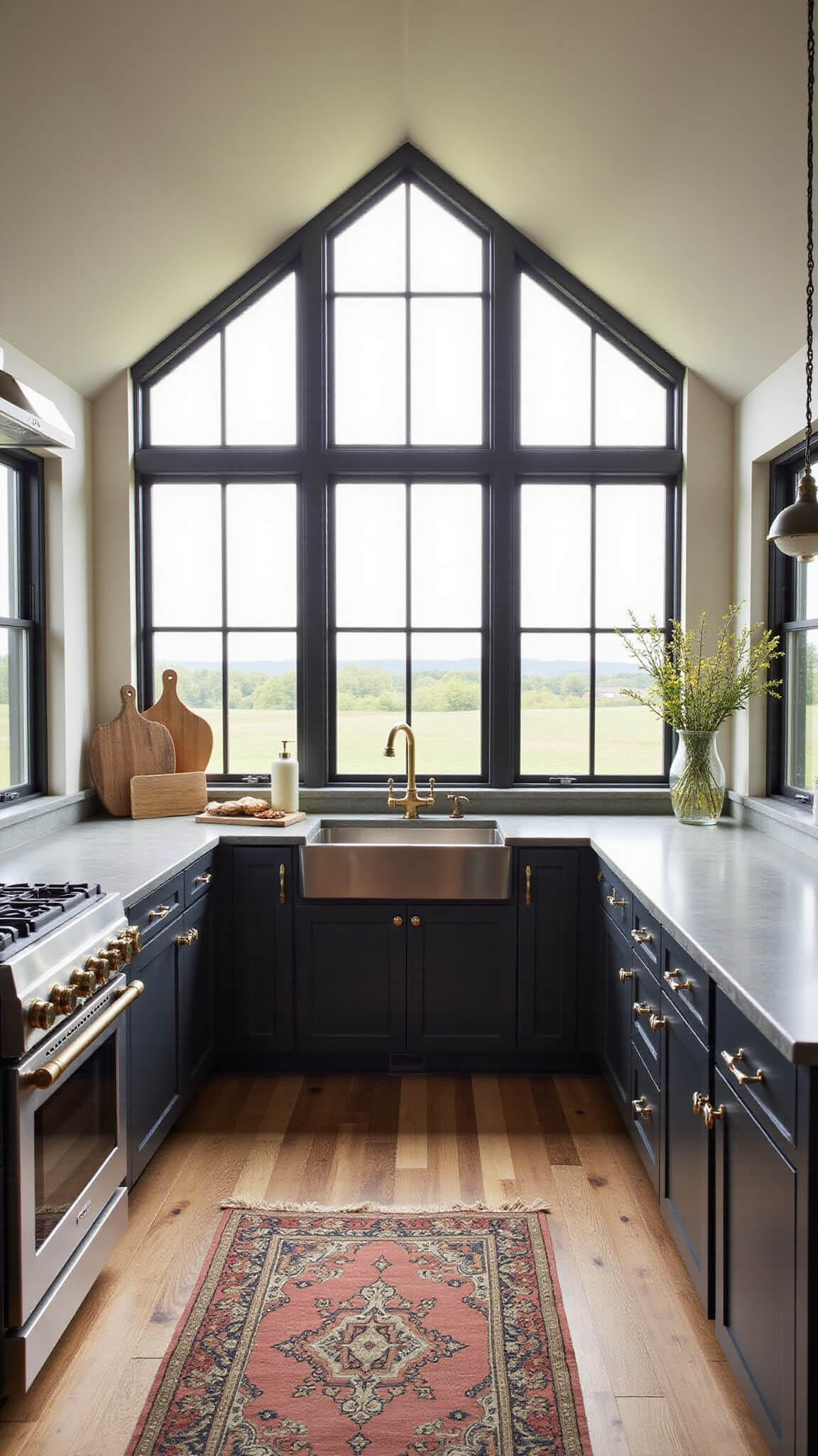 Modern farmhouse kitchen with espresso cabinets, oak flooring, soapstone counters, and vaulted ceilings, featuring black metal windows and antique brass fixtures.