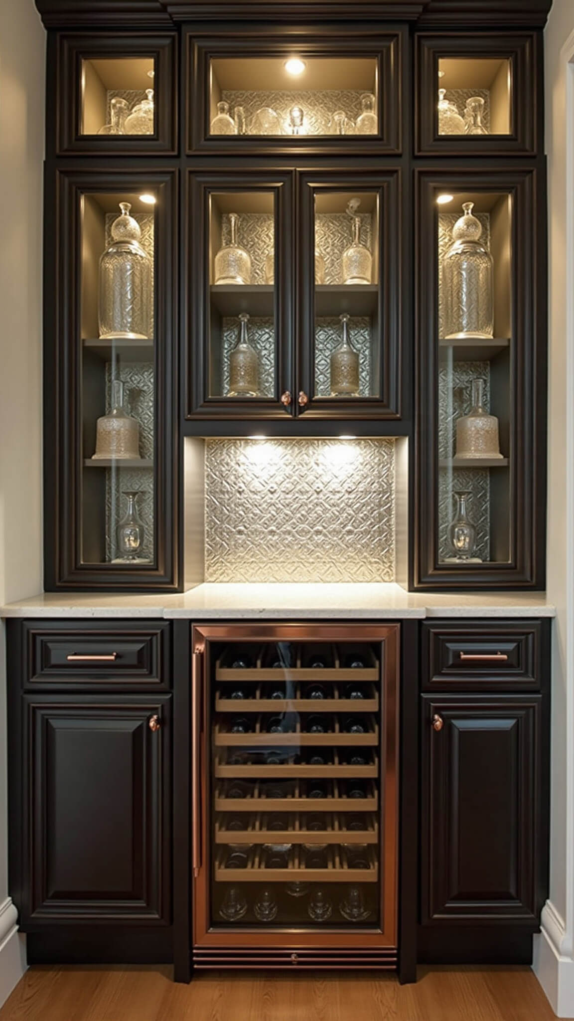 Elegant 5x7ft butler's pantry with floor-to-ceiling espresso cabinets, glass fronts, crystal decanters, antiqued mirror backsplash, copper-trimmed wine fridge, and soft rim lighting.