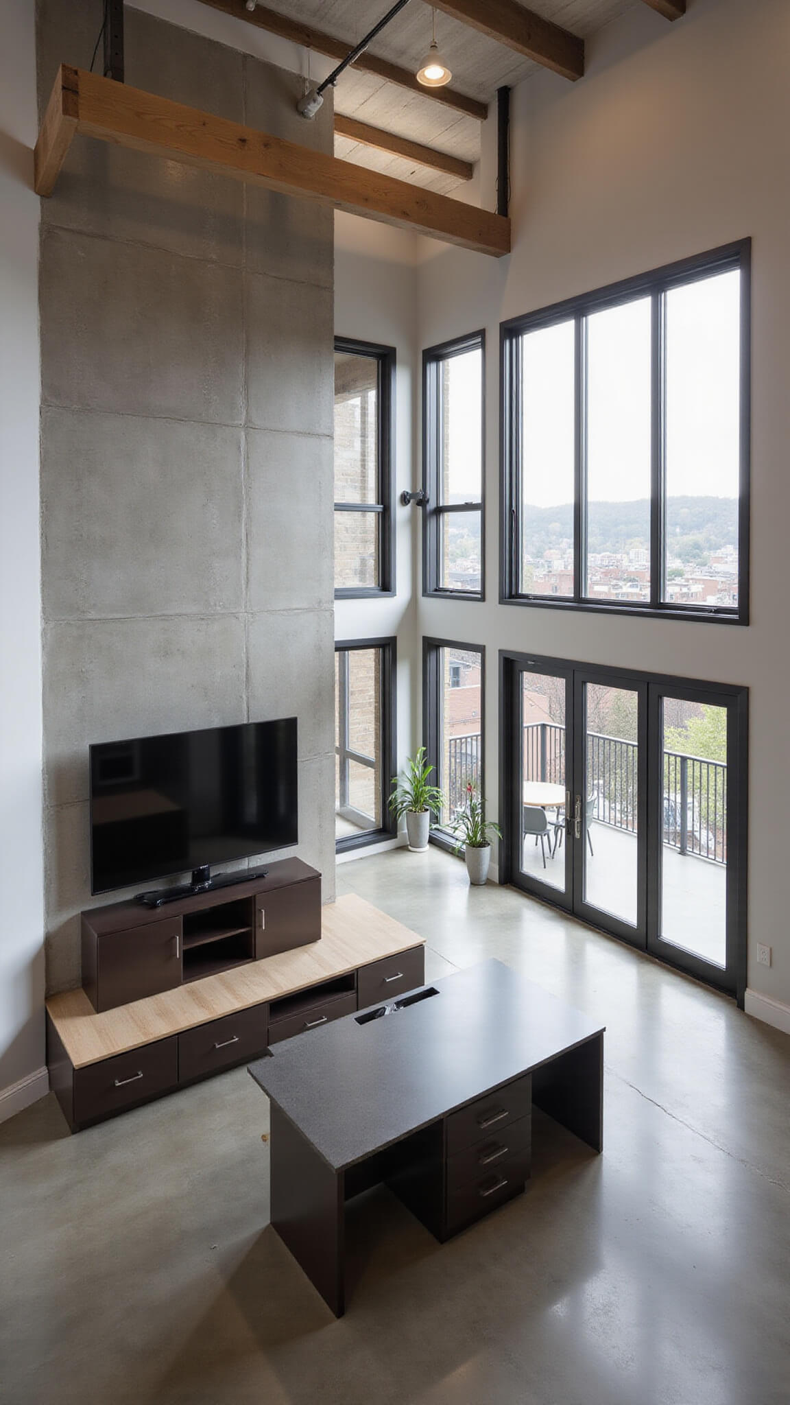 Open-concept contemporary kitchen and living space with espresso cabinets, concrete floors, steel beams, and large accordion glass doors, viewed from mezzanine in bright midday light.