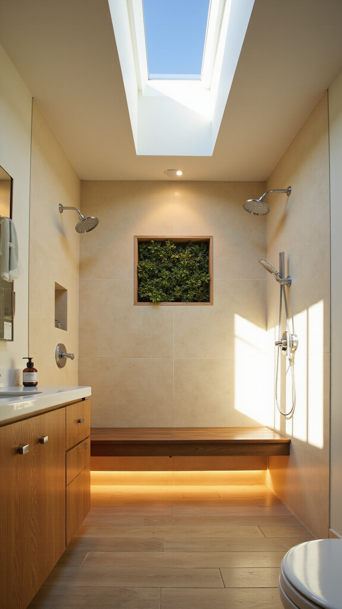 Sunlit 10x14ft bathroom with skylight above walk-in shower, limestone walls, wood-look floors, floating teak bench, and vertical garden wall.