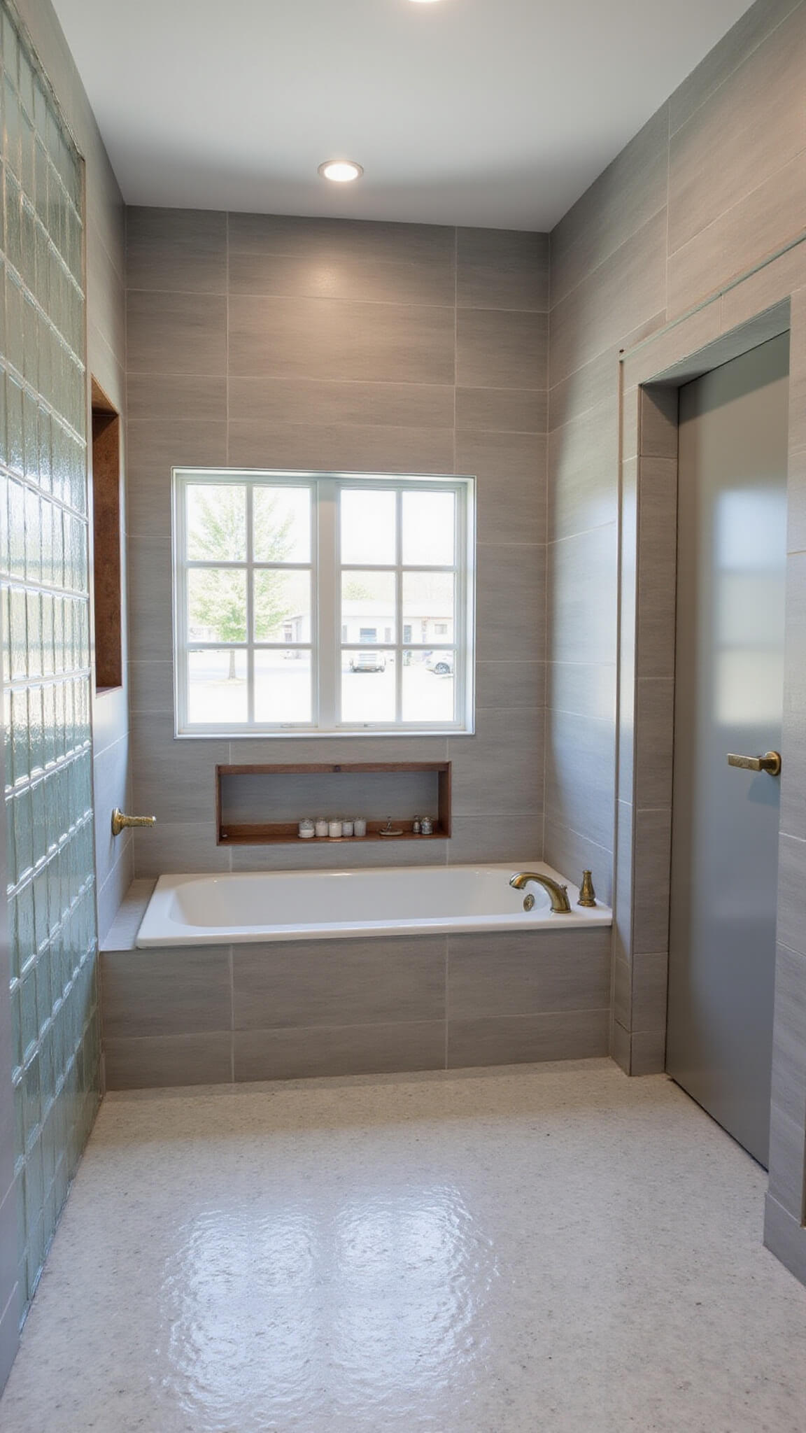 Contemporary 11x13ft bathroom with 4ft glass block half-wall, gray 24x48" staggered tiles, illuminated copper-trimmed niche, aged brass rainfall showerhead, and white penny tile floor.