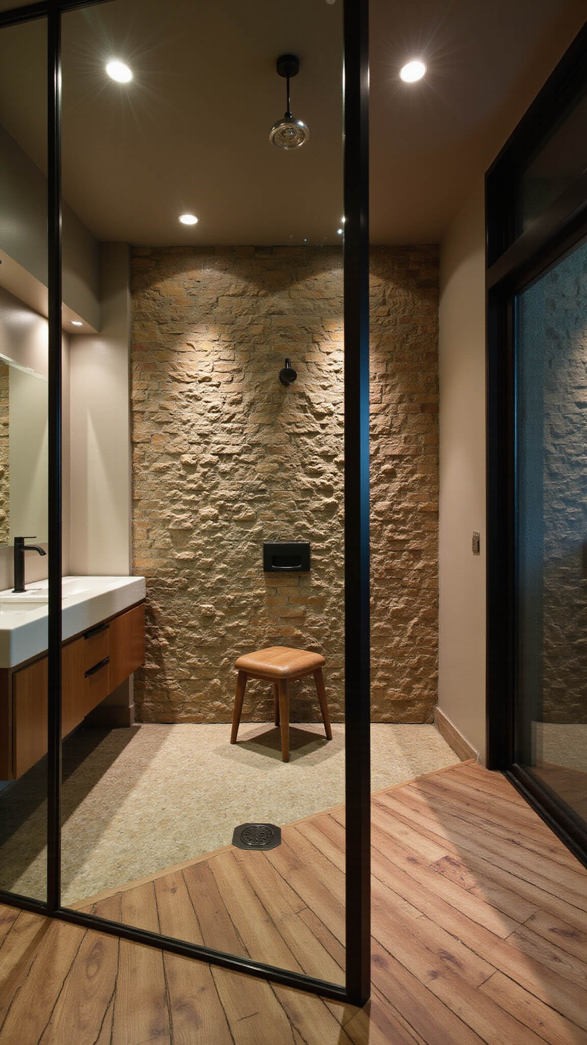 Luxurious Zen-inspired bathroom with natural stone water feature, floating bamboo vanity, teak shower flooring, and soft evening lighting.