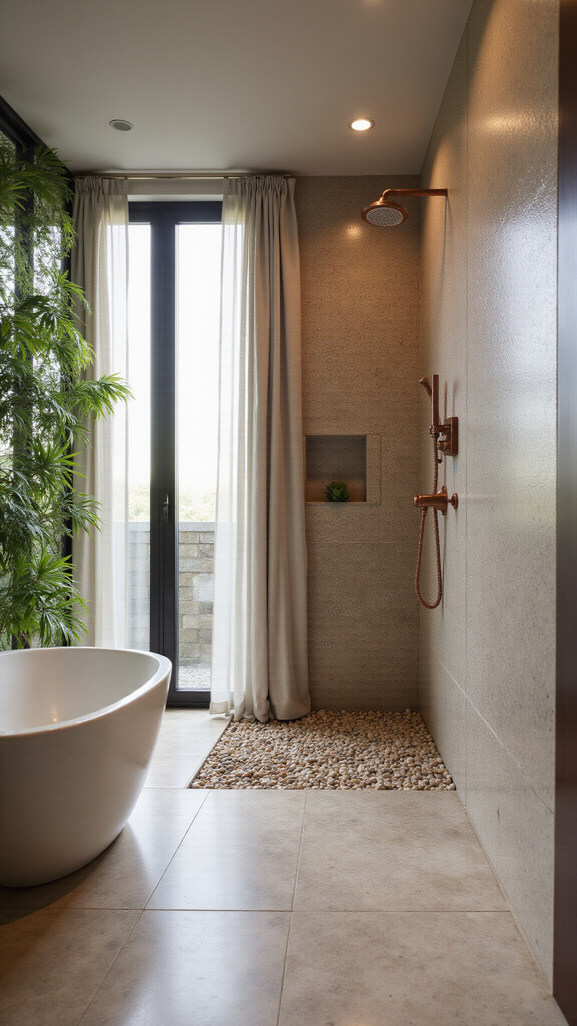 Luxurious organic bathroom with curved limestone wall, pebble mosaic floor, tropical living wall, and copper rain shower softly lit by dawn light.