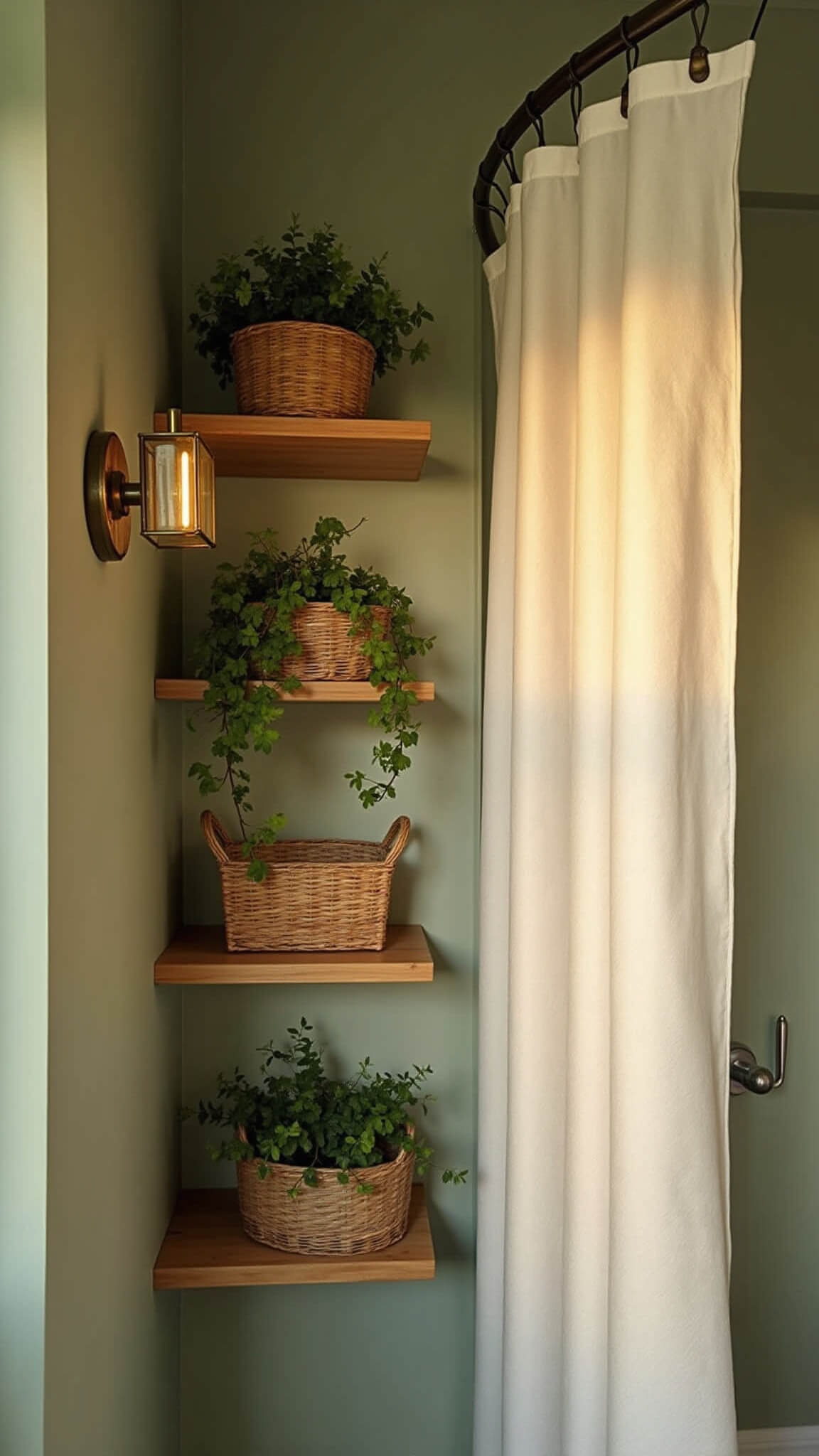 Golden hour light illuminates a compact 6x8ft bathroom with sage green walls, bamboo floating shelves, brass sconces, woven baskets, and trailing plants, viewed from a low angle to emphasize vertical space.