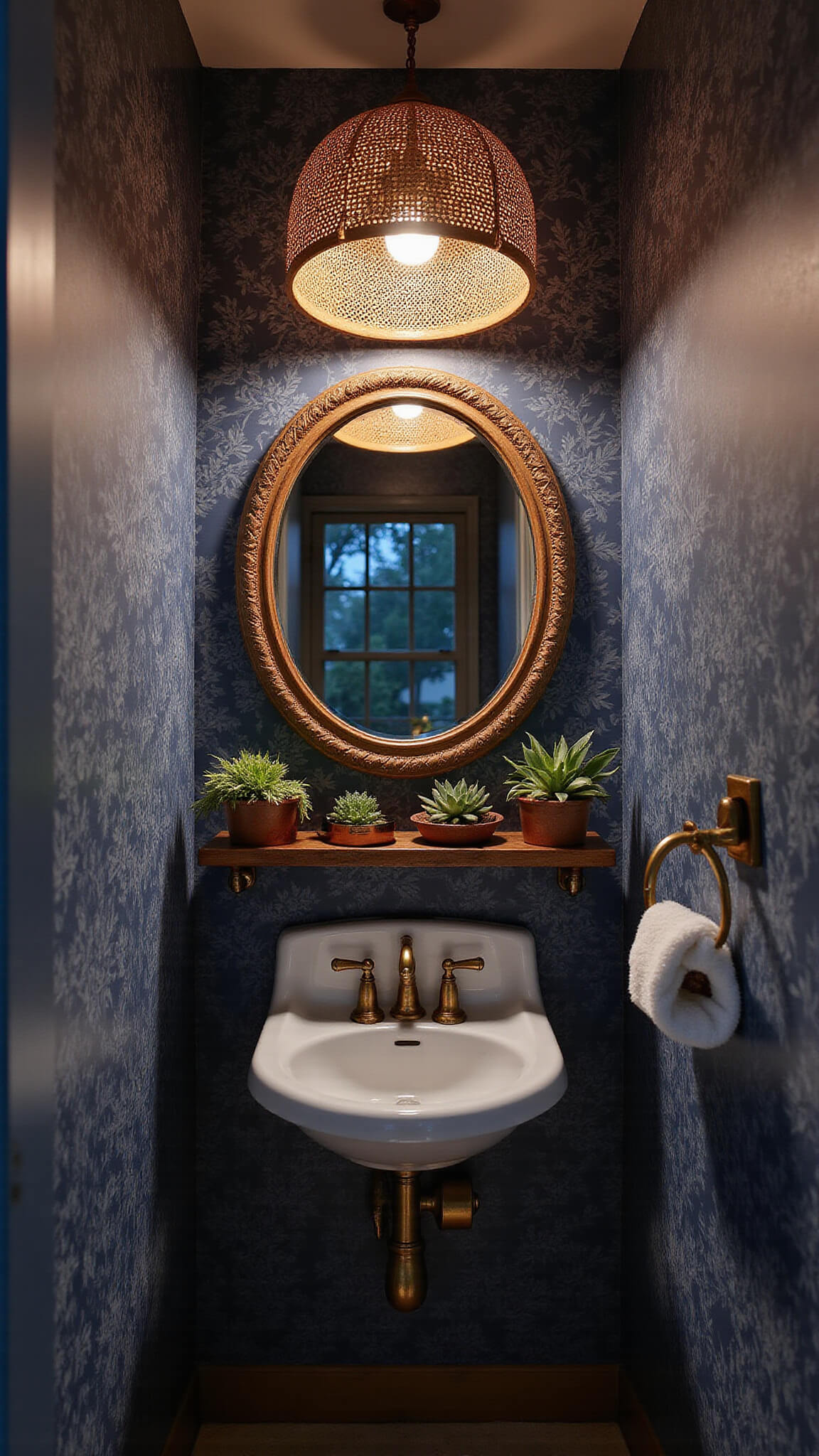 Modern bohemian powder room with indigo botanical wallpaper, rattan pendant lighting, vintage wood mirror, brass faucet, and succulents on a copper shelf at dusk.