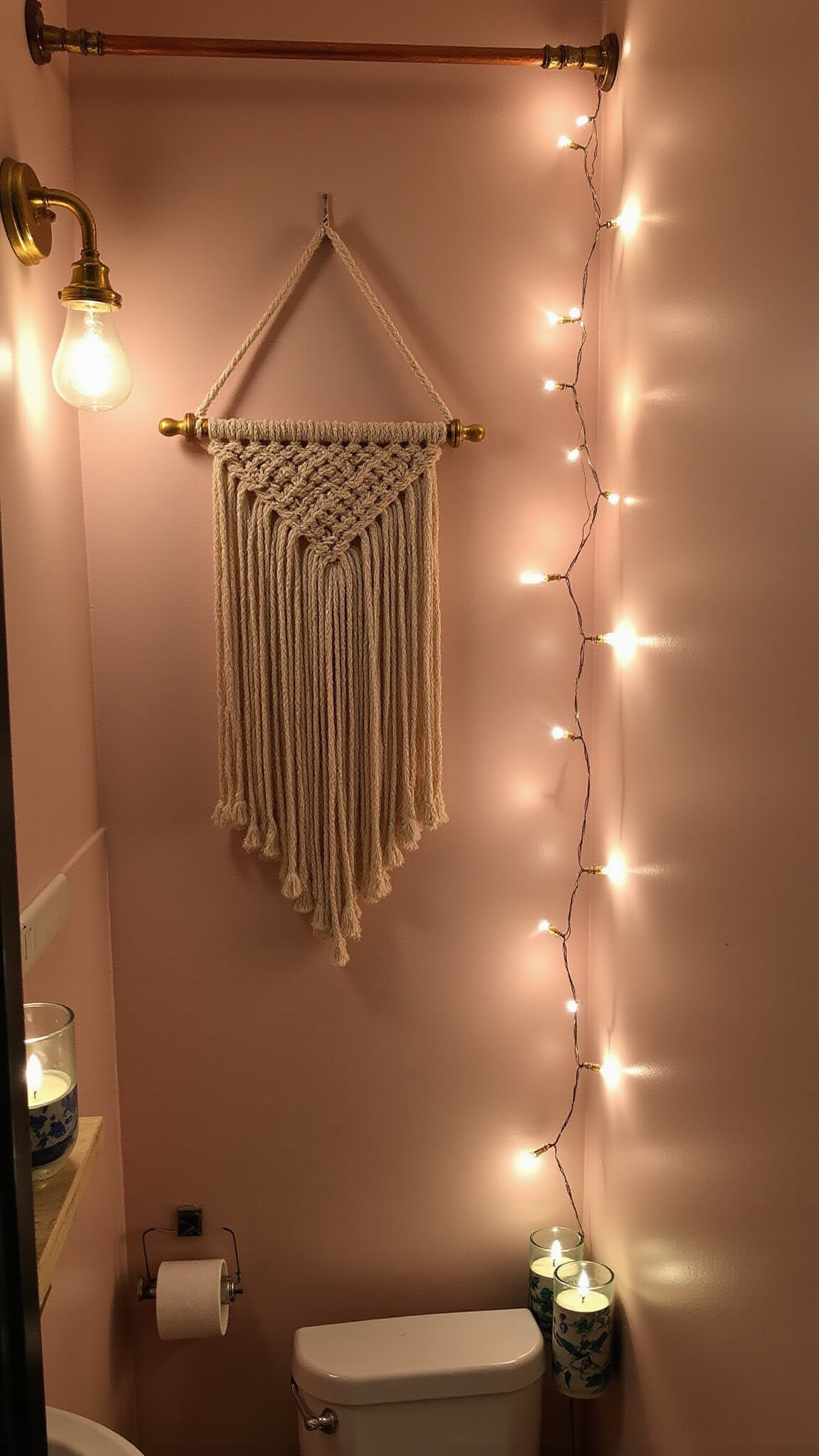 Twilight bathroom with warm string lights, brass sconces, candles in ceramic holders, and exposed copper pipes against blush pink walls.