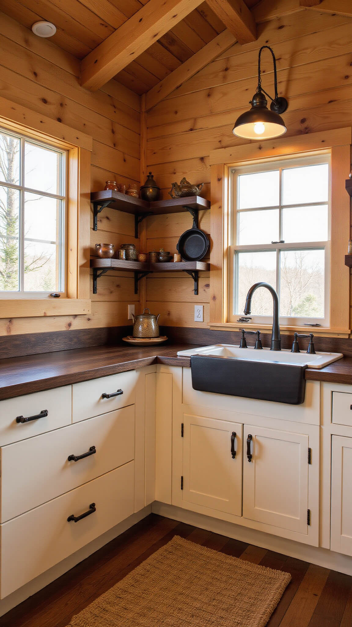 Rustic 8x10ft cabin kitchen with pine shiplap walls, exposed beams, farmhouse sink under sunlit window, dark walnut counters, cream cabinets, open shelves with pottery, and hanging cast iron cookware.
